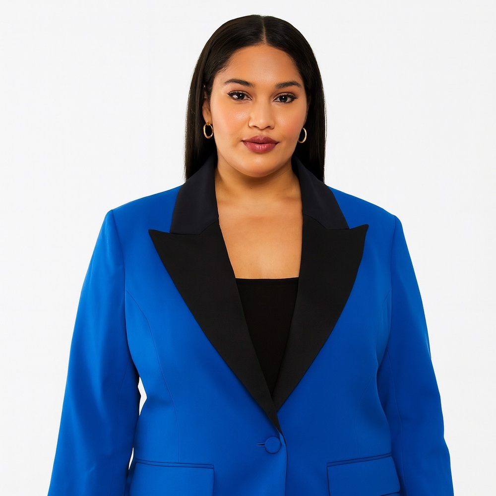 Eloquii plus size blazer cobalt blue and black tuxedo style